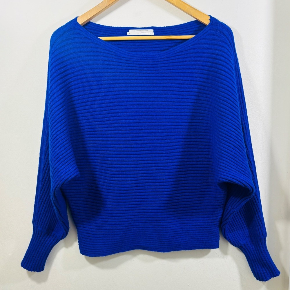 Anthropologie Women Royal Blue Ribbed Boat Neck Crop Sweater Asymmetrical Hem S